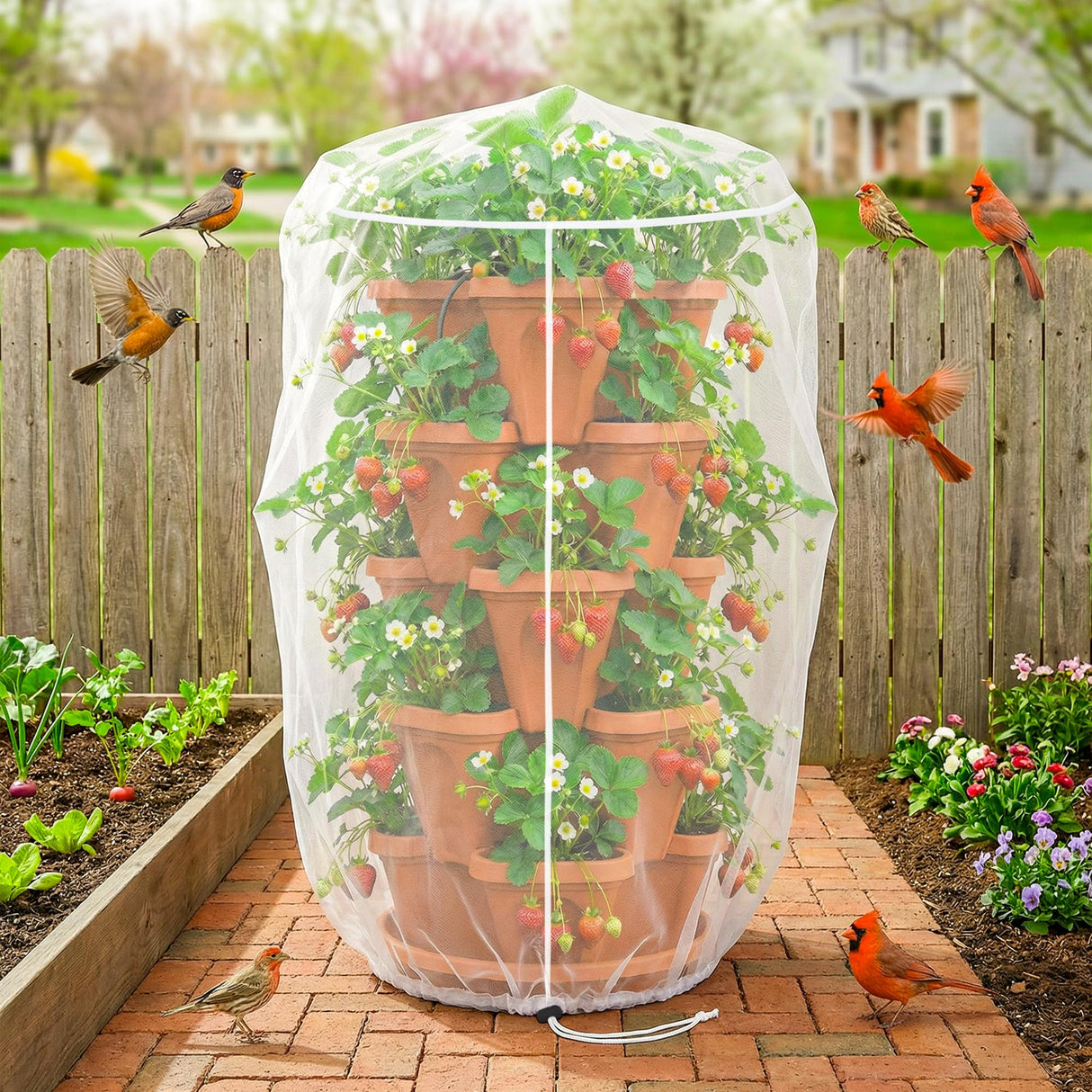 Warmfarm 2 Pcs Vertical Plant Pot Insect Netting,5-Tier Stackable Planter Garden Net Cover for Strawberry, Planter Pot Protection Mesh with Drawstring for Strawberry Herb Vegetable Flower Fruit