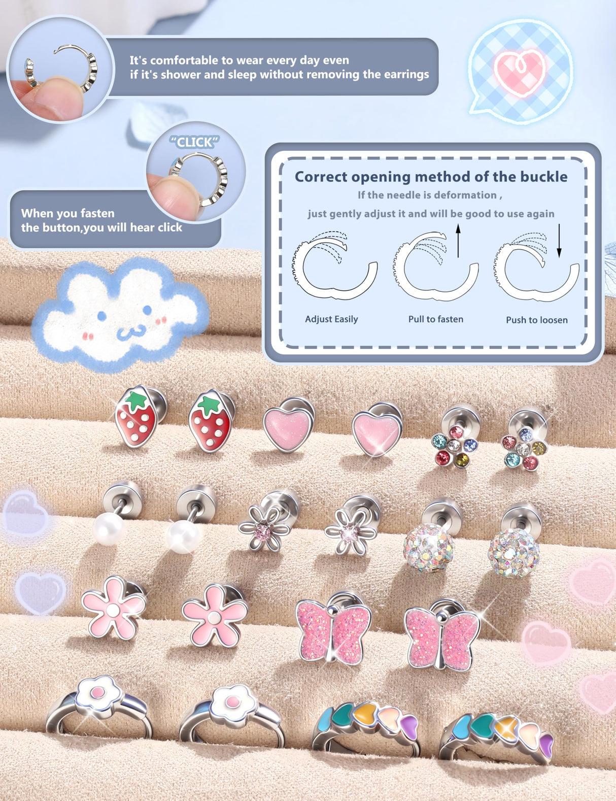 SAILIMUE Hypoallergenic Flat Back Earrings for Girls Kids Toddler Women