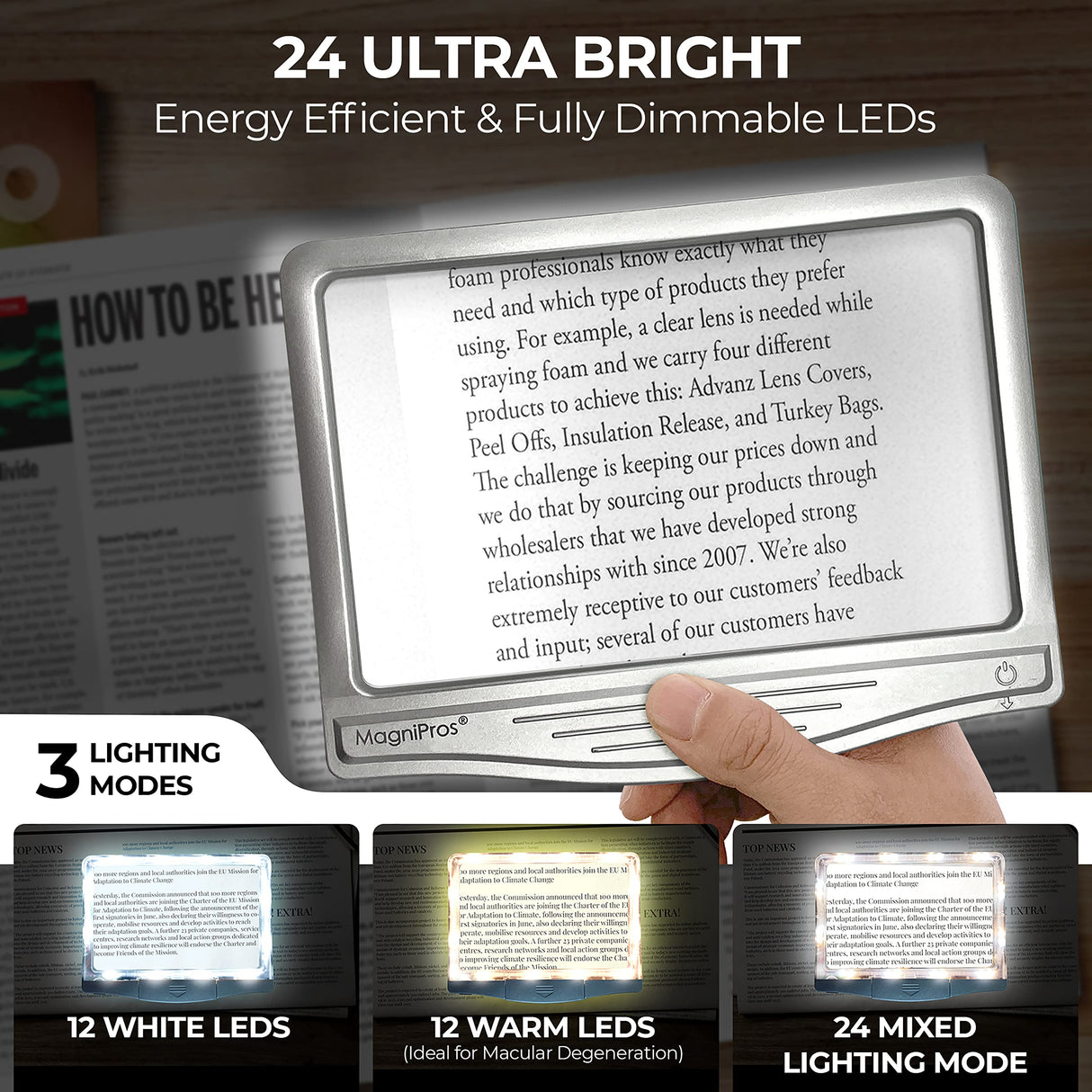 MagniPros 5X [Rechargeable] Large Ultra Bright LED Page Magnifier with Anti-Glare Lens & 3 Stepless Color Light Modes to Relieve Eye Strain-Ideal for Reading Small Prints, Low Vision and Seniors