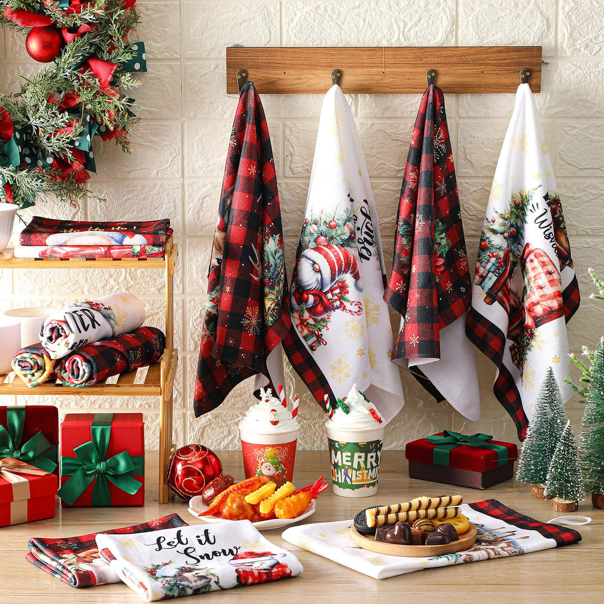 VitalCozy 12 Pcs Christmas Kitchen Towels and Dishcloths Absorbent Merry Christmas Tree Reindeer Truck Santa Claus Hand Dish Tea Towels Plaid Decoration for Xmas Home Gift Supplies, 14.2 x 21.3 Inch