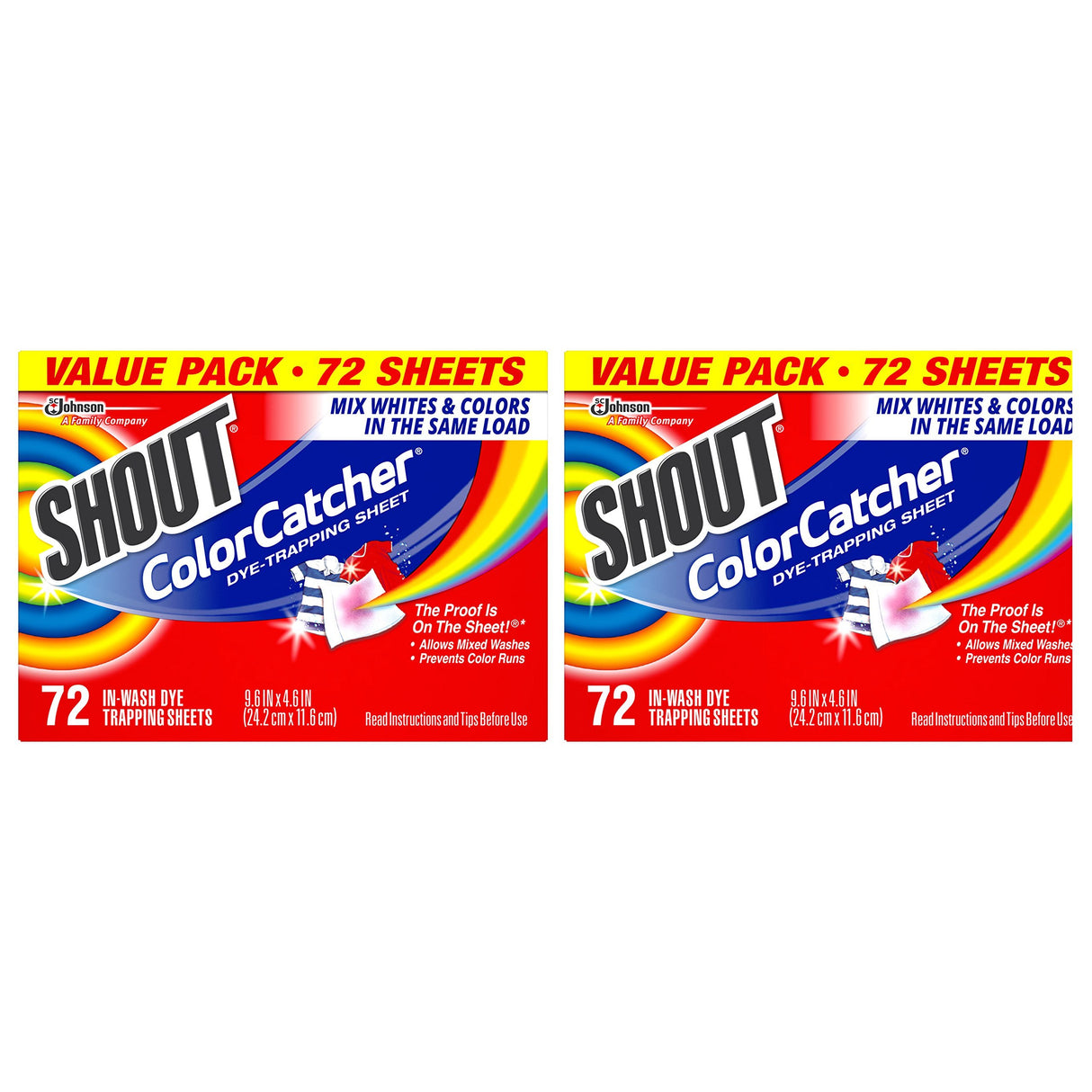 Shout Color Catchers for Laundry, Allow Mixed Washes, Prevents Color Runs and Maintains Original Clothing, 72 Count - Pack of 2 (144 Total Sheets)