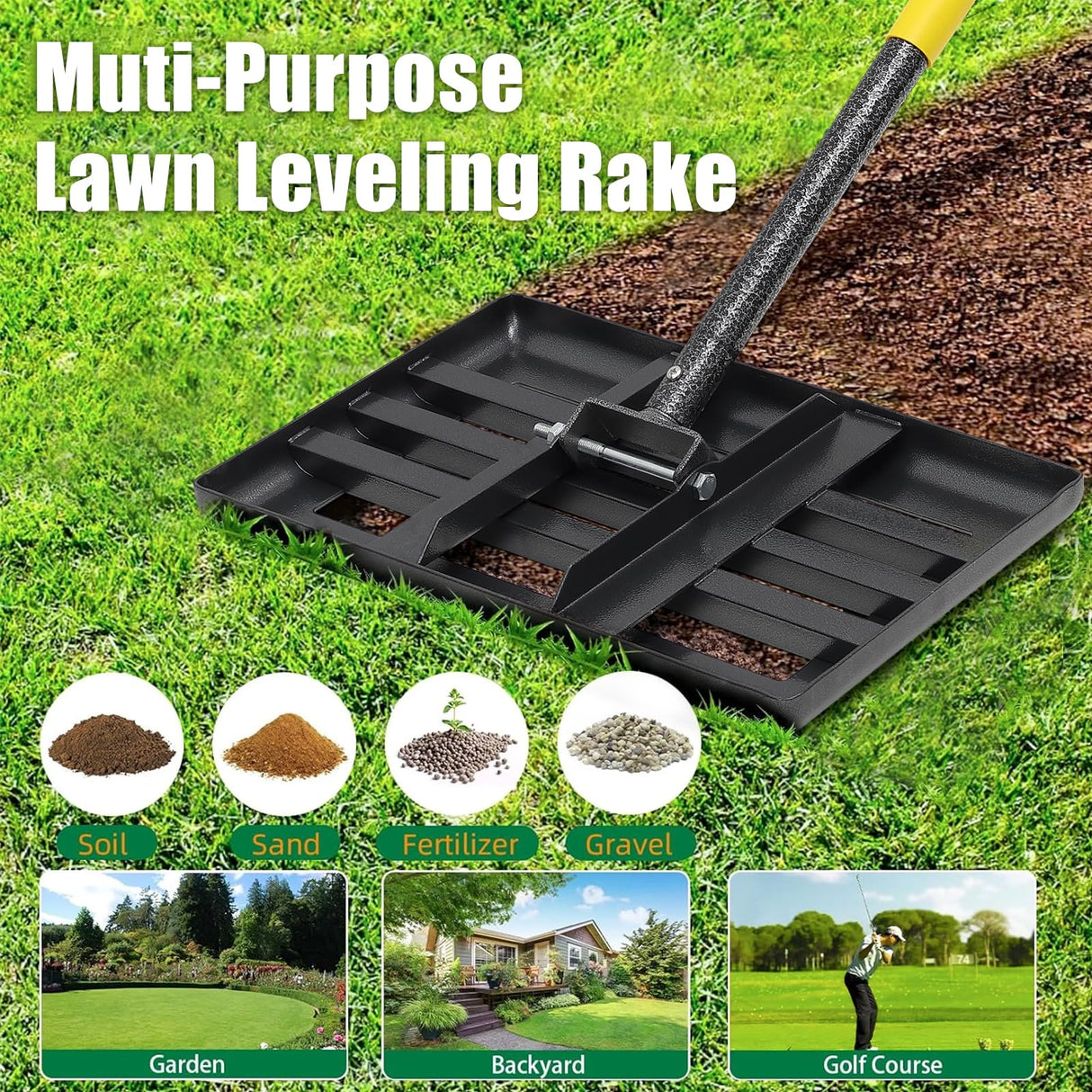 Lawn Leveling Rake – 17”x10” Heavy Duty Stainless Steel Lawn Leveler with 28”-60” Adjustable Handle, Anti-Flip Smooth Edge for Top Dressing Soil, Yard, Garden Lawn Care Tool