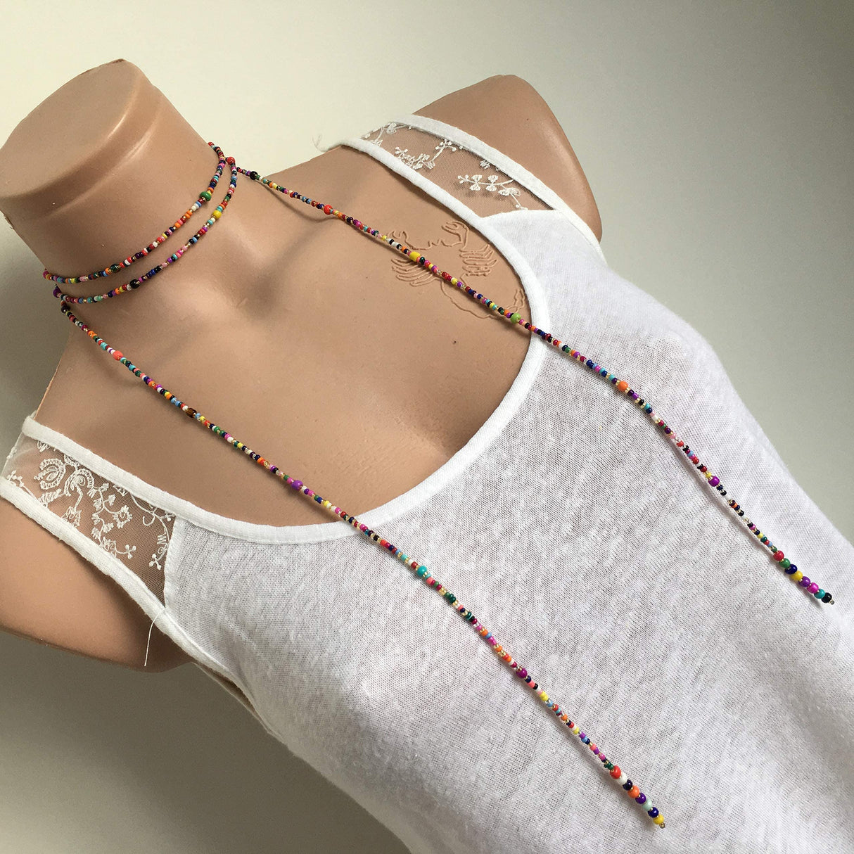 Colorful Bead Necklace, Long Tie Choker, Wrap Necklace, Wrap Seed bead, Lariat Necklace, Christmas Gift Woman, Wrapped Beaded Choker