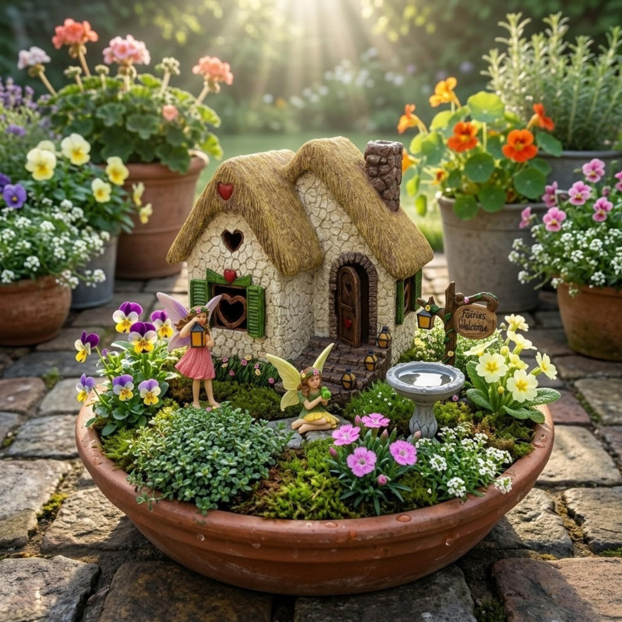 PRETMANNS Fairy House Kit - Fairy Garden Accessories for Outdoor Miniature Village Decor, with Fairies & Sign - House, 7’ High & Door can Open Wide - 4 Piece Supplies