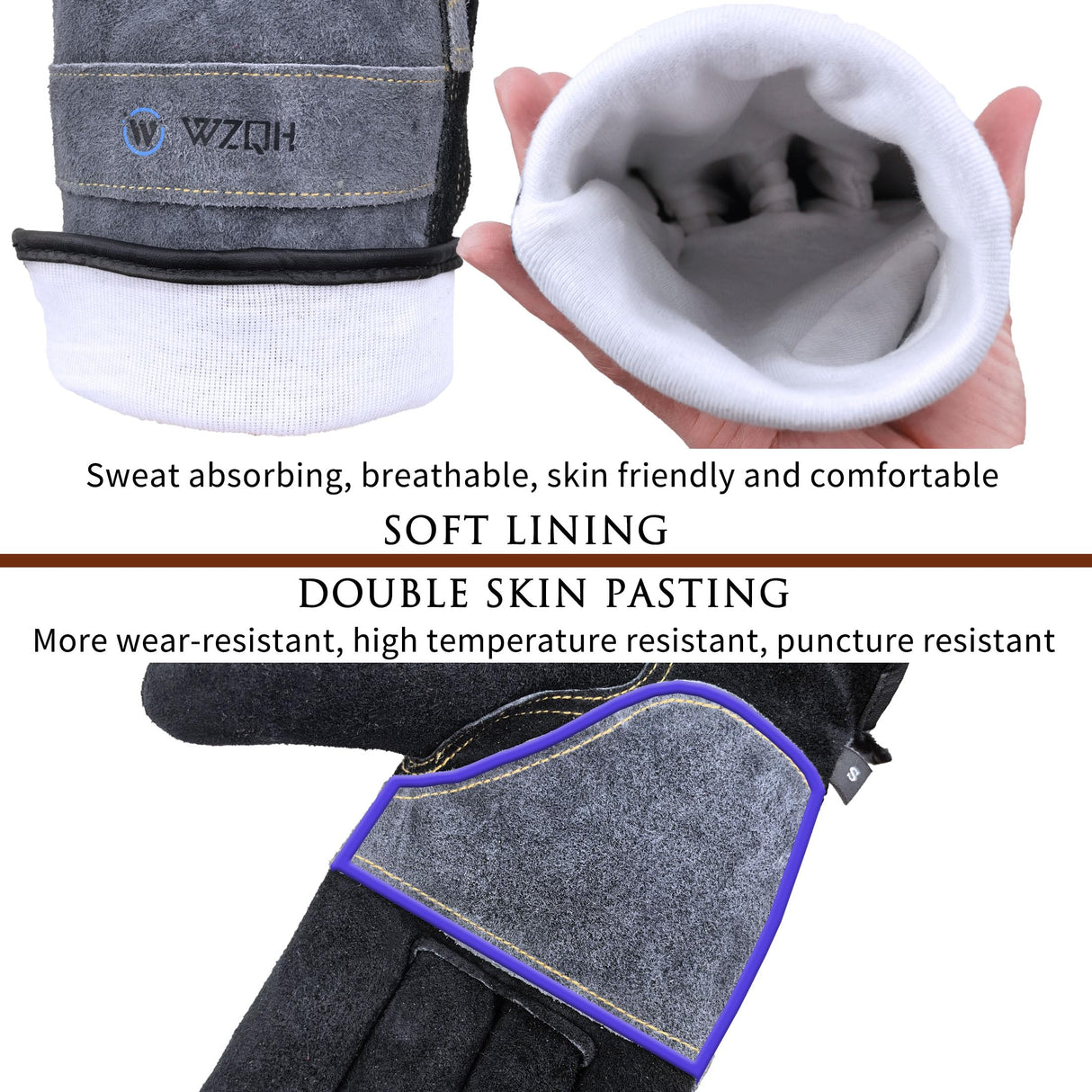 WZQH Leather Work Gloves for Men or Women, Large Glove for Gardening, Tig/Mig Welding, Construction, Chainsaw, Farm, Ranch, etc. Cowhide, Soft Lining, Utility, Firm Grip, Durable. Grey-Black L