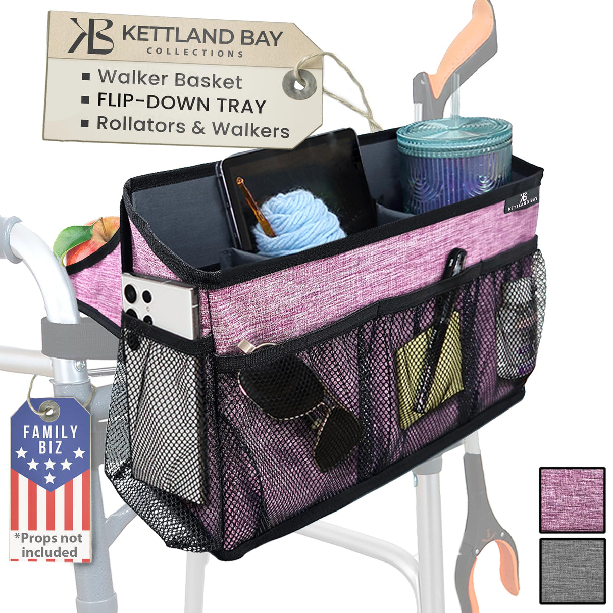 Walker Basket for Folding Walker with Flip-Down Walker Tray | Handy Cane/Reacher Strap & Cup Holder | Walker Bags for Folding Walker with Wheels, Organizer for Walker Accessories for Walker CaddyPlum