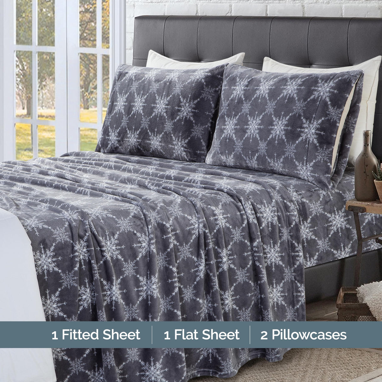 Elegant Comfort Luxuriously Soft 4-Piece Holiday Velvet Plush Flannel Sheet Set - Premium Quality - Cozy Warm, Christmas Fuzzy Velvet Flannel Fleece Deep Pocket Sheet Set - Queen, Gray Snowflake