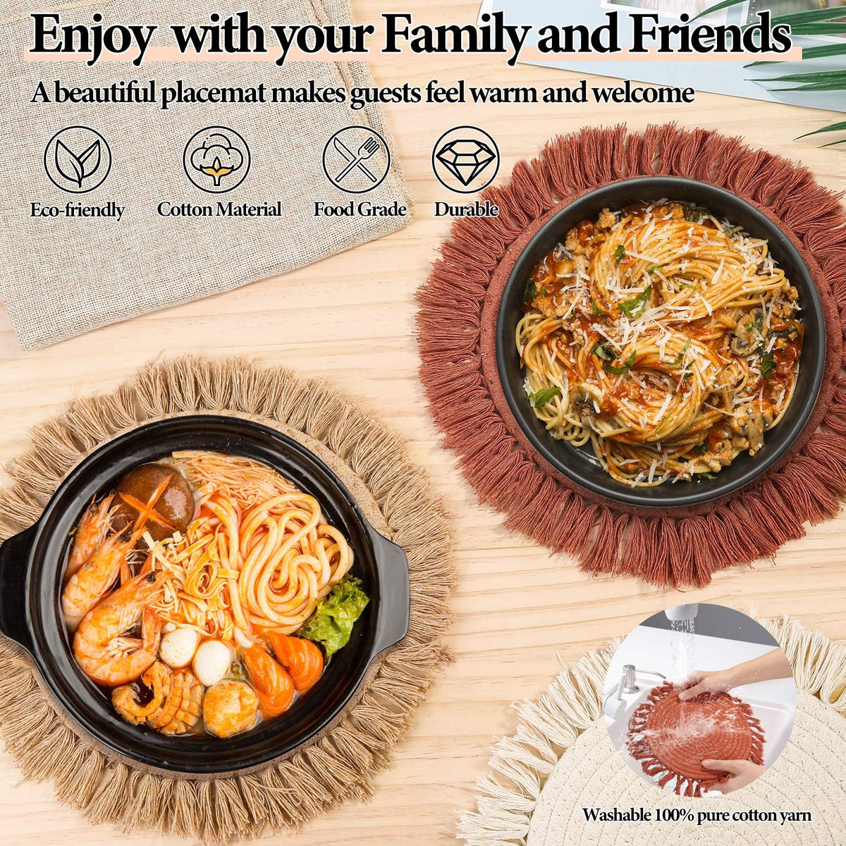 13 Inch Round Cotton Placemat Set of 4 Boho Placemats Table Mats Woven Washable Table Placemats for Fall Kitchen Dining Home Farmhouse Thanksgiving Christmas Decoration Heat Resistant Place Mat