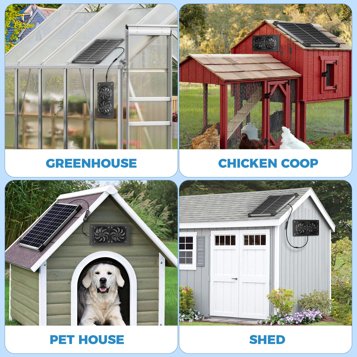 Solar Fan Kit for Chicken Coop - Two IP65 Waterproof 5" Solar Powered Fans - Outdoor Exhaust Intake Ventilation Fan for Outside Shed Greenhouse Attic Pet House - Strong Airflow Without Battery