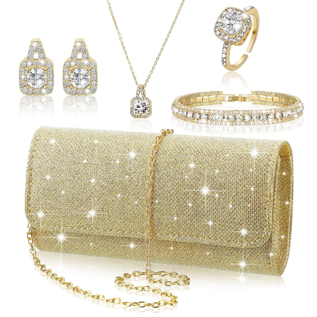 Canchiing 5 Pcs Rhinestone Jewelry Set for Women Glitter Bling Clutch Purse Necklace Earrings Bracelet Ring for Bride Wedding(Gold)