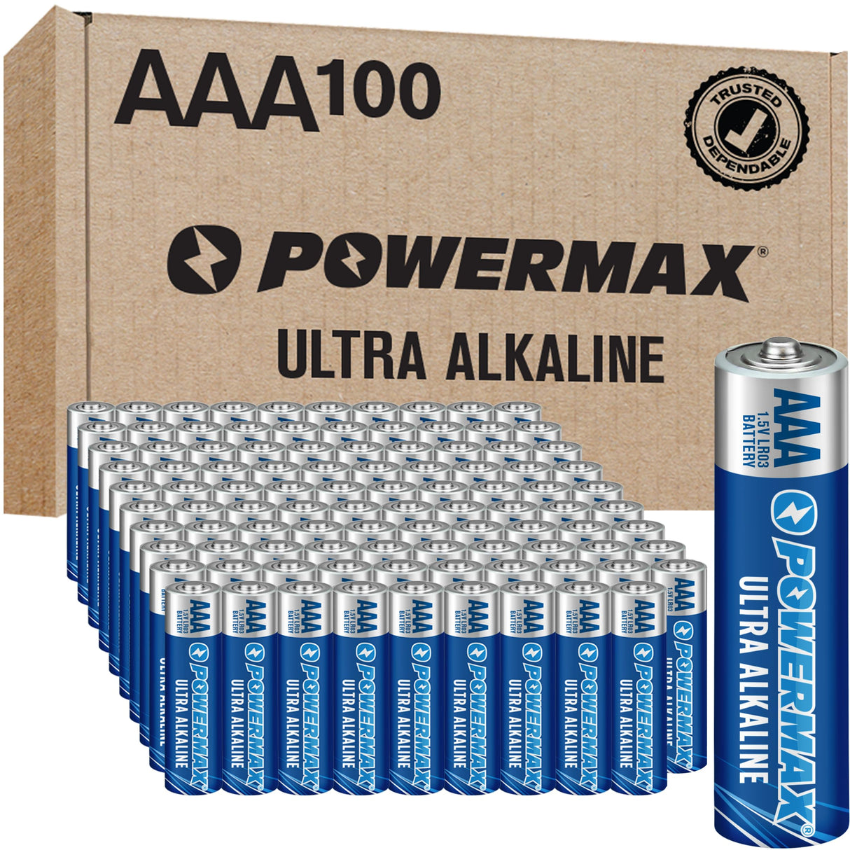 Powermax 100-Count Triple AAA Batteries, Ultra Long Lasting Alkaline Battery for Home and Office, 10-Year Shelf Life, Reclosable Packaging