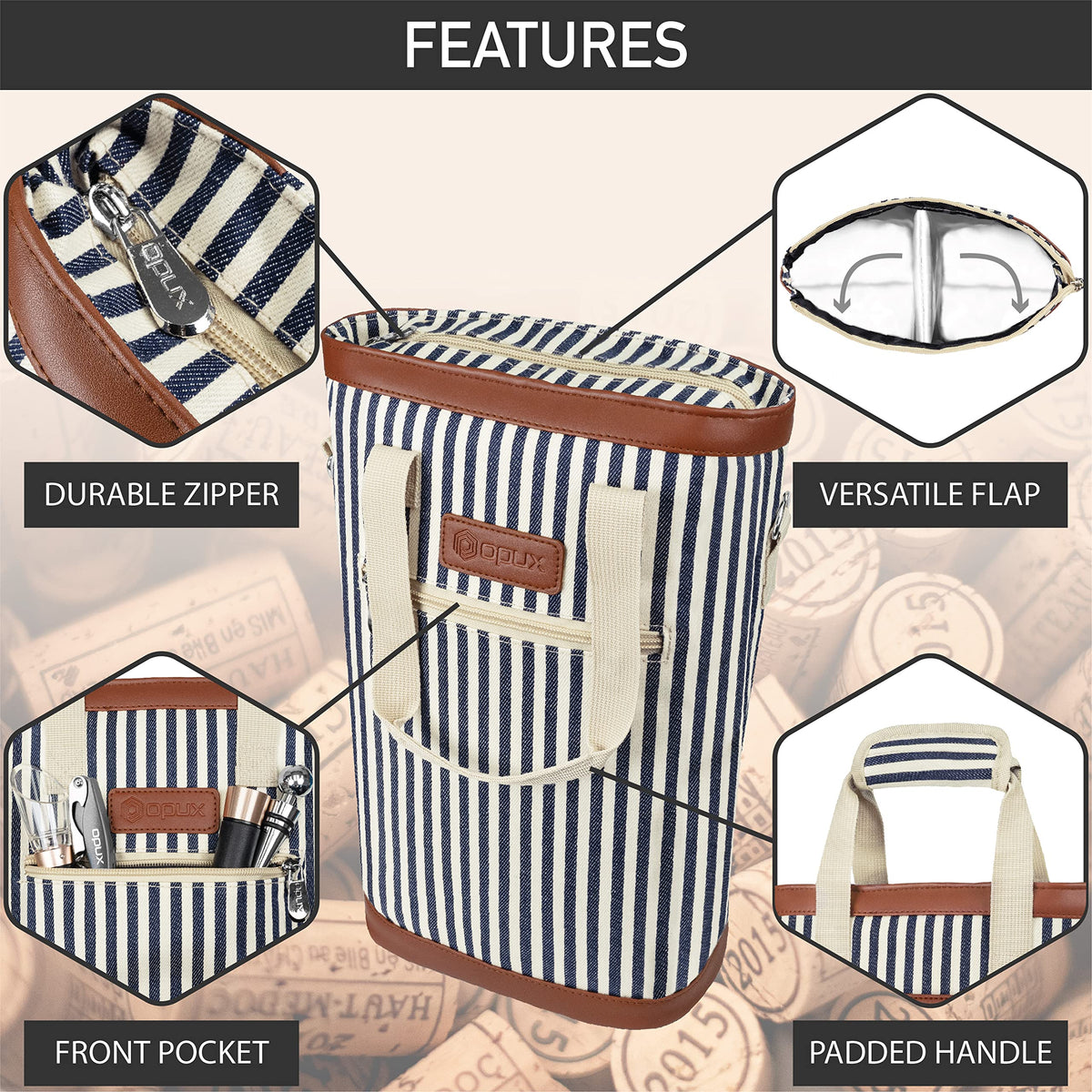opux 2 Bottle Wine Bag Carrier Insulated Leakproof Wine Cooler Navy Stripes