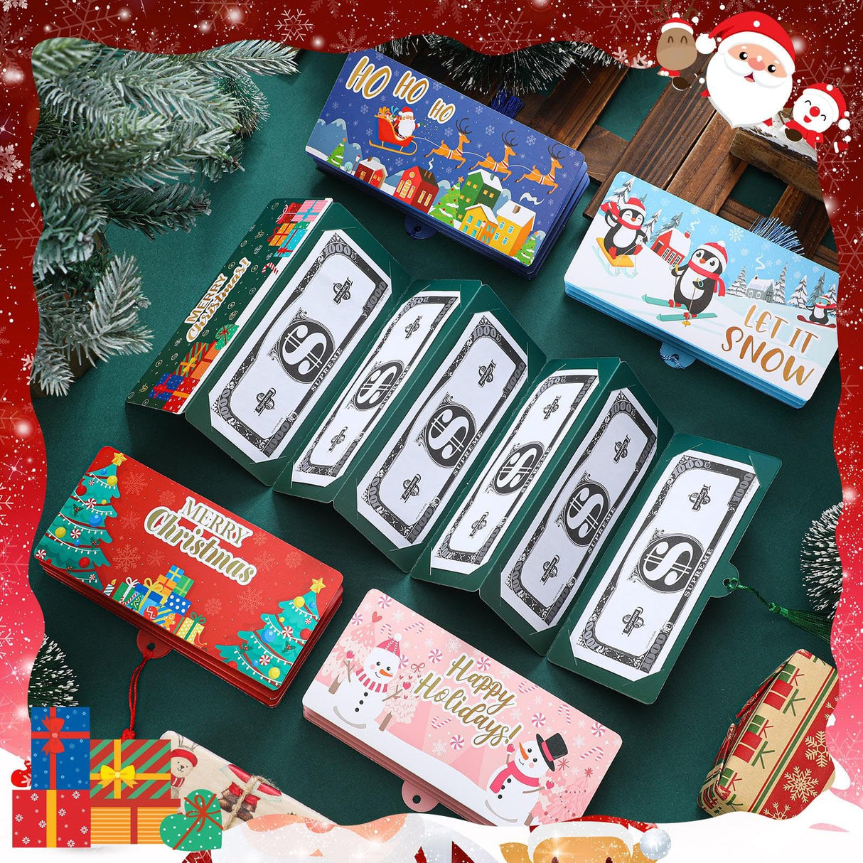 TecUnite 5 Pieces Christmas Money Holder Christmas Surprise Money Card Holder with 6 Slots Xmas Gift for Xmas Cash Card Supplies(Classic)