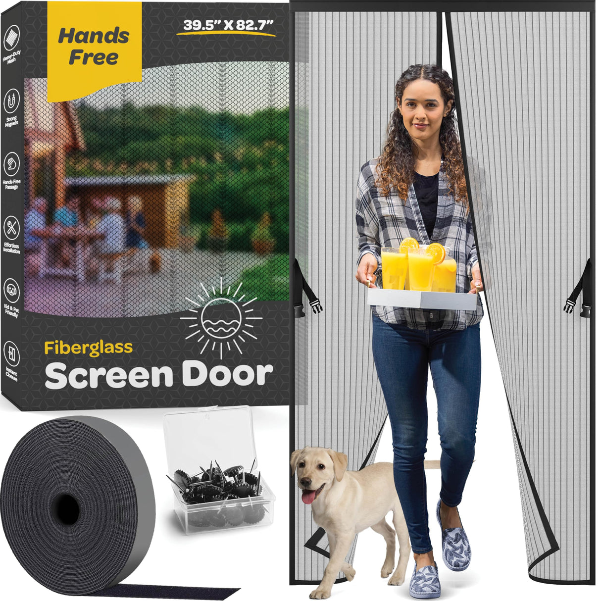 Hands-Free Magnetic Screen Door, Heavy Duty Fiberglass Self Sealing Screen Door Mesh Protector, Pet & Kid-Friendly, Stay-Open Buckle Keeps Bugs Out While Nature in, Fits Door Size (39.4" x 82.7")