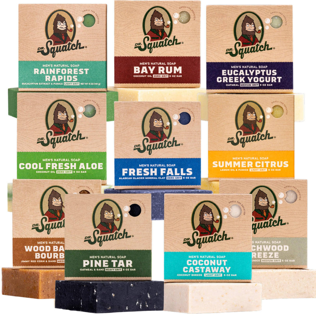 Dr. Squatch Natural Bar Soap for Men Variety Gift Set - Cold Process No Harsh Chemicals - Rainforest Rapids, Fresh Falls, Coconut Castaway, Wood Barrel Bourbon, Pine Tar & more (5 oz, 10-Pack)