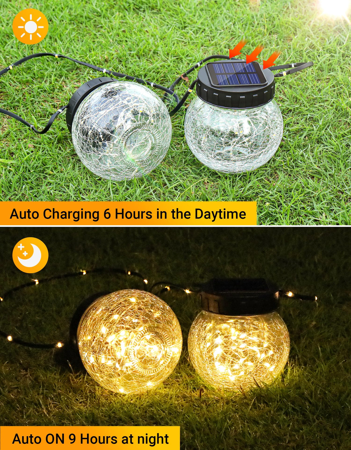 PARTPHONER Solar Lights Outdoor Waterproof 12-Pack, Solar Powered Hanging Lantern Cracked Glass Hanging Globes for Yard Decor Christmas Decoration, Shepherd Hook, Garden Tree Table Ornaments, Warm