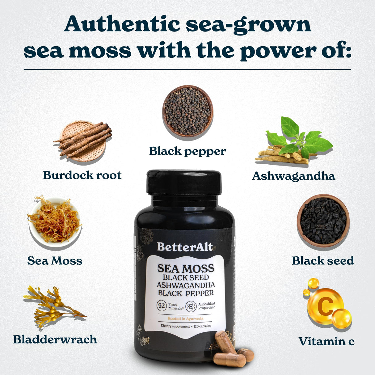 Better Alt Seamoss Capsules- Irish Sea Moss with Black Seed Oil, Ashwagandha & Black Pepper for Stamina, Strength & Endurance- High Potency Sea Moss Supplement - 60 Servings, 120 Capsule