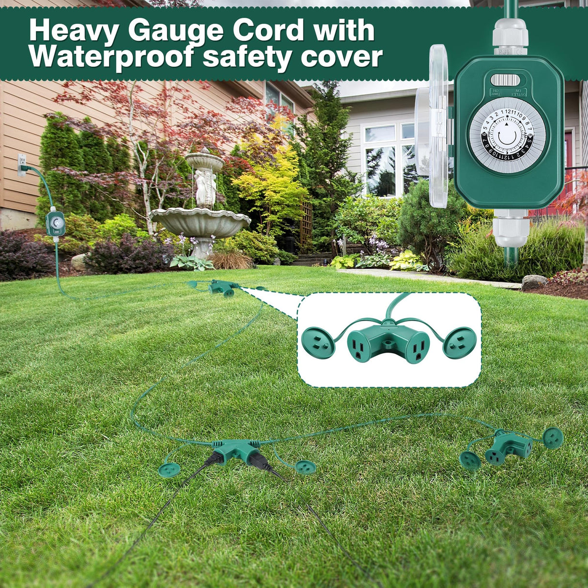 Feekoon 20 FT Outdoor Extension Cord with Timer 6 Outlets, 16AWG SJTW Heavy Duty Green Power Cord with Safety Cover Weatherproof Multiple Outlet Cable for Christmas Halloween Light Outdoor Decorations