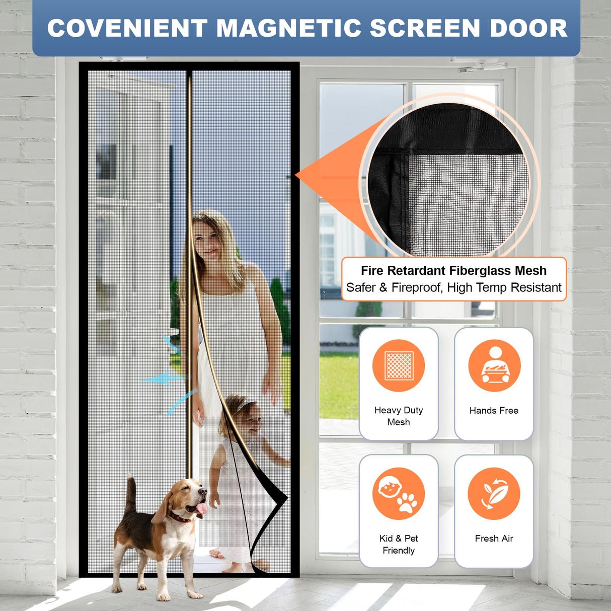 METAONLY Fiberglass Magnetic Screen Door Mesh Fits 36" x 80" Door - Curtain Size 38" x 82", Works for Patio, Sliding Door, Keeps Bug Mosquito Out, Fresh Air Flow, Black