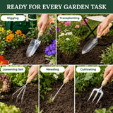 GardenHOME 7-Piece Gardening Tool Set with Folding Stool and Storage Tote Bag, Stainless Steel Garden Tools with Wooden Handles, Garden Kit for Planting, Weeding, Pruning, Yard Work, Gardening Gifts