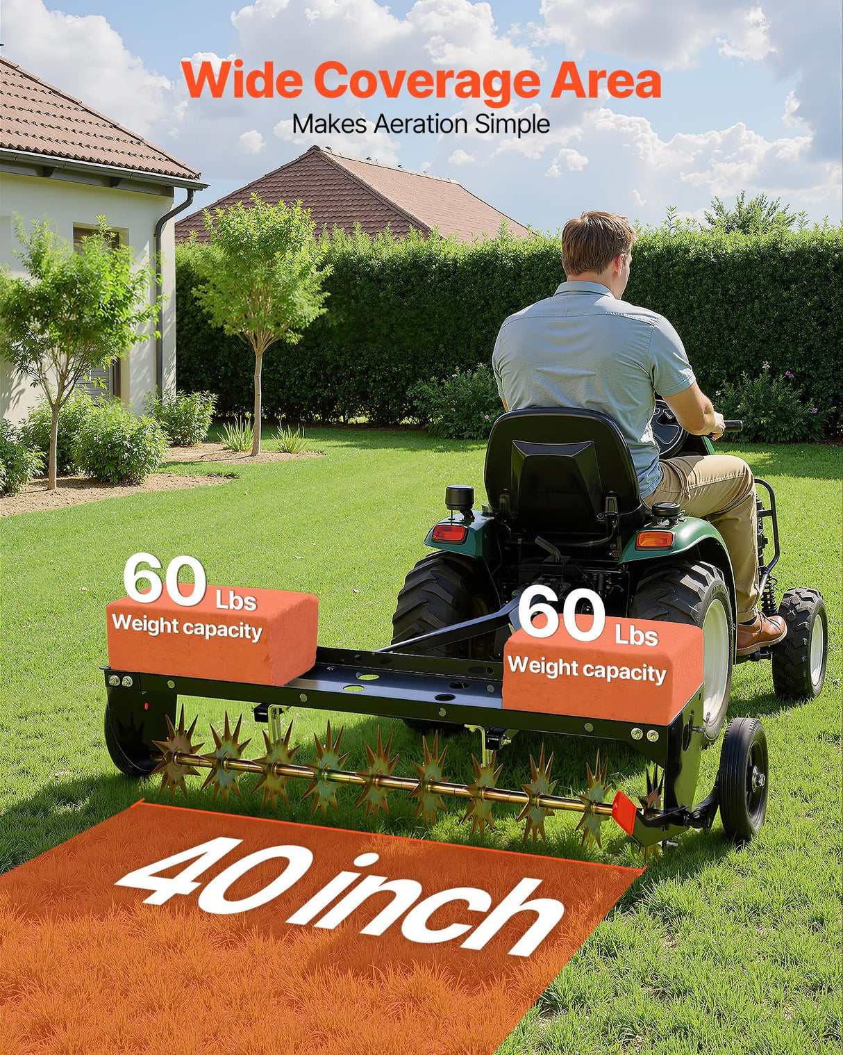 VEVOR Tow Behind Plug Aerator, 40 in Lawn Spike Aerator with Universal Hitch, 150lbs Weight Capacity, Heavy Duty & Rust-Resistant, Pull Behind Aeration Tool with Tray for Farmland & Garden Tractors