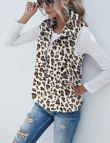 LOMON Women's Leopard Sleeveless Zipper Sherpa Fleece Vest Christmas Jacket Coat with Pockets Apricot Leopard L