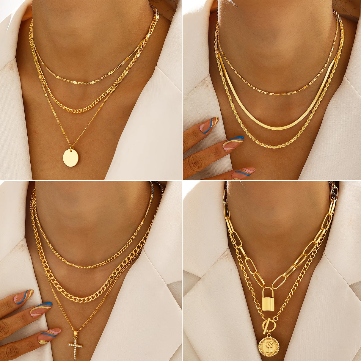 FAXHION 68 Pcs Gold Jewelry Set for Women with 7 Necklace, 17 Bracelet, 5 Hoop Earrings, 15 Stud Earrings, 24 Knuckle Rings for Women Jewelry Set for Women Gift