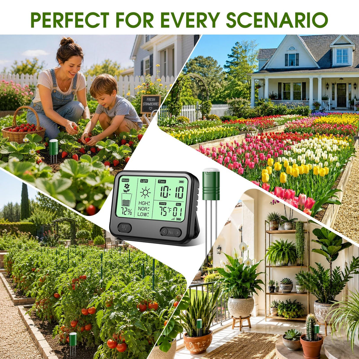 Soil Moisture Meter for Plants,4-in-1 Wireless Soil Tester,Soil Thermometer/Moisture/Sunlight Time,Large Screen,Indoor/Outdoor Plant Water Meter,Garden Soil Test Kit for Lawn,Farm,Houseplants