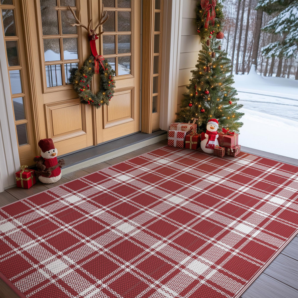 GENIMO Christmas Outdoor Rug for Patio, 5'x8' Waterproof Reversible Plastic Straw Rugs, Lightweight RV Camping Mat for Camper, Balcony, Deck, Backyard, Picnic, Red & White