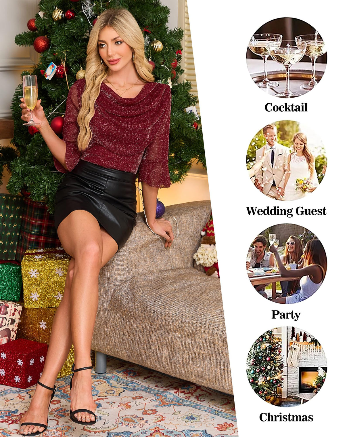 Lotusmile Sparkly Christmas Tops for Women: Womens Blouses Dressy Casual - 3/4 Sleeve Blouses Cowl Neck Shirts for Women Wedding Guest Dressy - Mesh Festive Red Women's Clothing Christmas Party Red XL