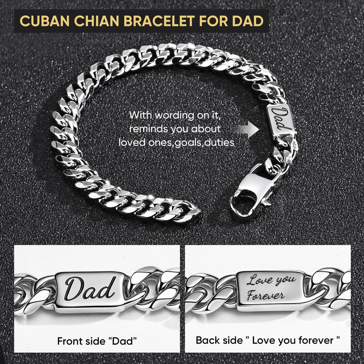 VNOX Gift for Dad from Daughter Son Silver Stainless Steel Cuban Link Chain Bracelet Day Father Birthday Valentines Ideas for New Daddy Stepdad,8.3 Inches
