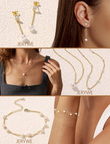 JeryWe Gold Jewelry Set for Women Dainty 14K Gold Plated Layered Pearl Choker Necklace and Drop Earrings Set Adjustable Bracelets Pearl Choker Necklace Wedding Jewelry Sets for Brides