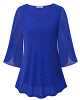Bebonnie Dressy Tops for Evening Wear: 3/4 Sleeve Trending Fall Clothes for Women 2024 - Sparkly Sequin Homecoming Modest Dresses - Grandmother of Bride Blouse Christmas Top Star Blue XXL