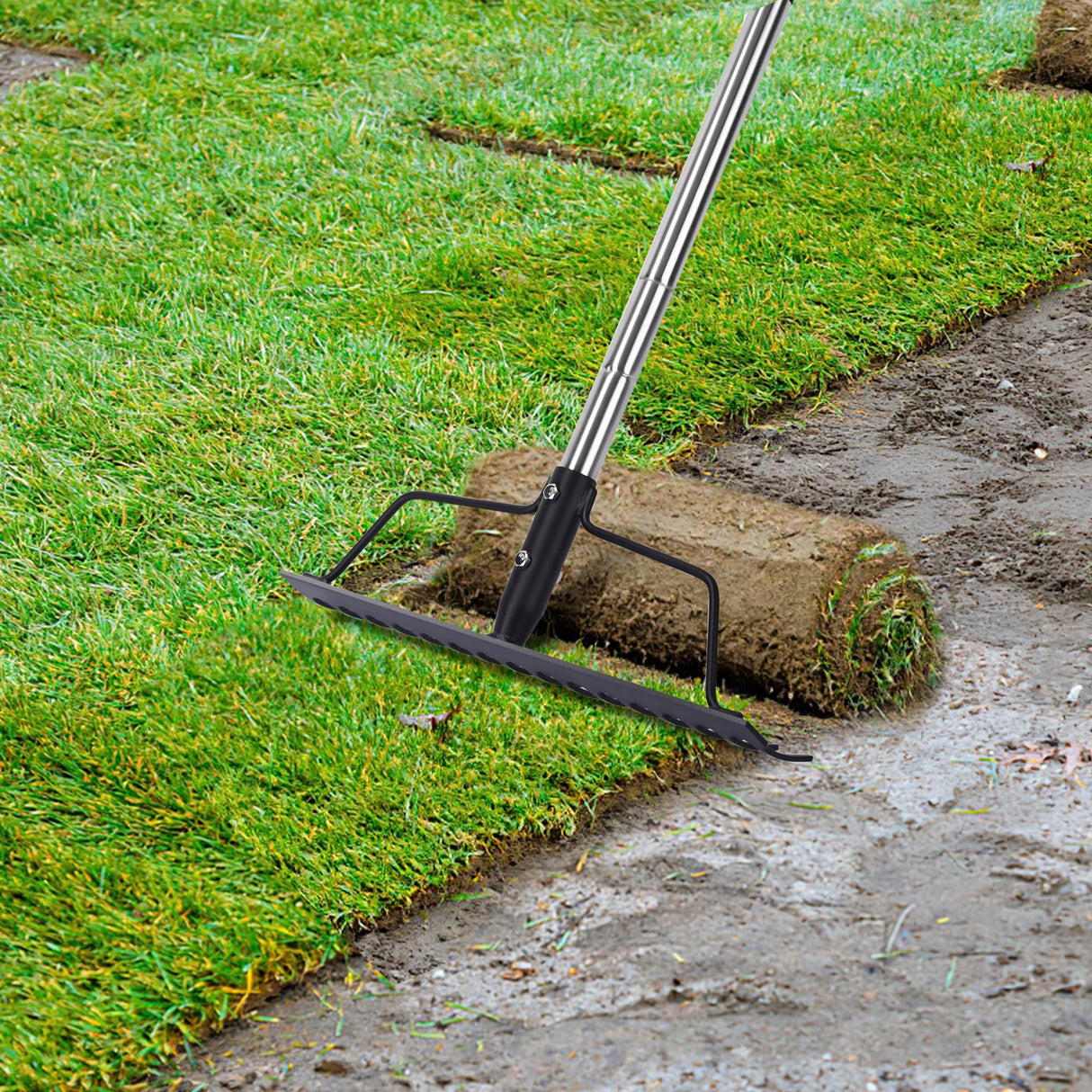 BARAYSTUS 15 Inch Wide Bow Rake, 16 Steel Tines Metal Head Rake Tool with Stainless Steel Handle, Adjustable Long Handle Garden Rake for Loosening Soil Leveling Mulch Gathering Lawns Leaves