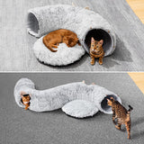 Cat Tunnel with Cat Bed for Indoor Cats, Under Christmas Tree Soft Plush Peekaboo Cat Cave Donut Tunnel, Multifunctional Playground Toys Hideplace for Kittens, Rabbit, Ferret (Grey)