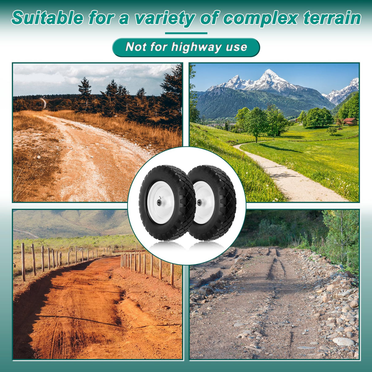 4.80/4.00-8 Flat Free Tire and Wheel- 16" Flat-Free Solid Wheelbarrow Tires with 5/8" & 3/4" Bearings, 3"-7" Centered Hub by Cenipar Universal Fit for Wheelbarrow,Hand Truck,Garden Trailer,Trolley