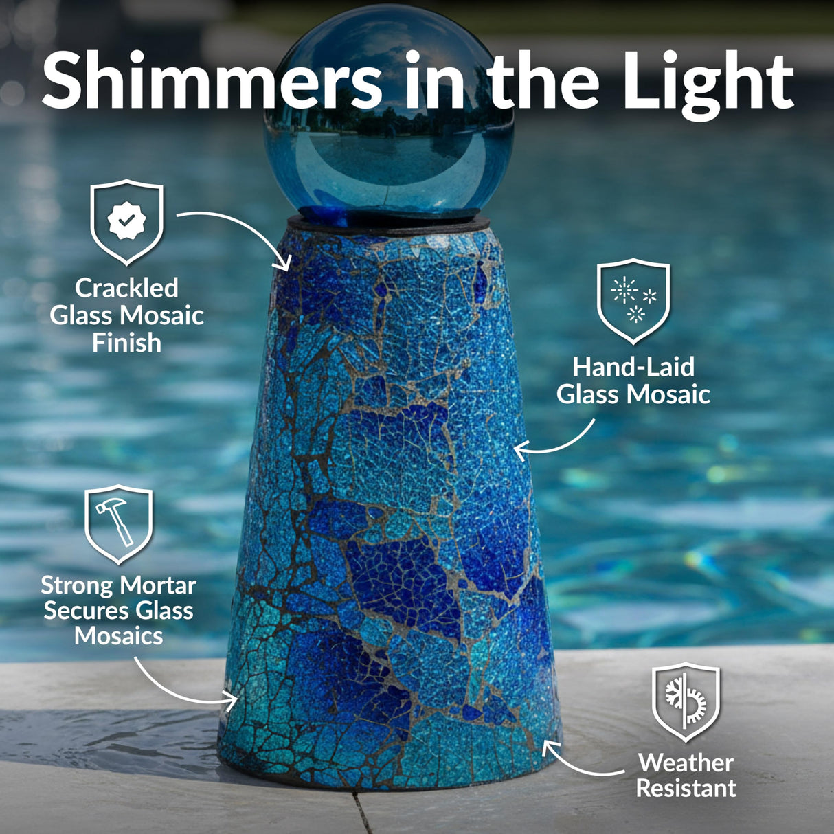 Sunnydaze Glass Gazing Ball Stand for Gazing Globes - Outdoor Mosaic Sphere Holder & Pedestal for Backyard or Patio Decoration - Deep Ocean Swirl