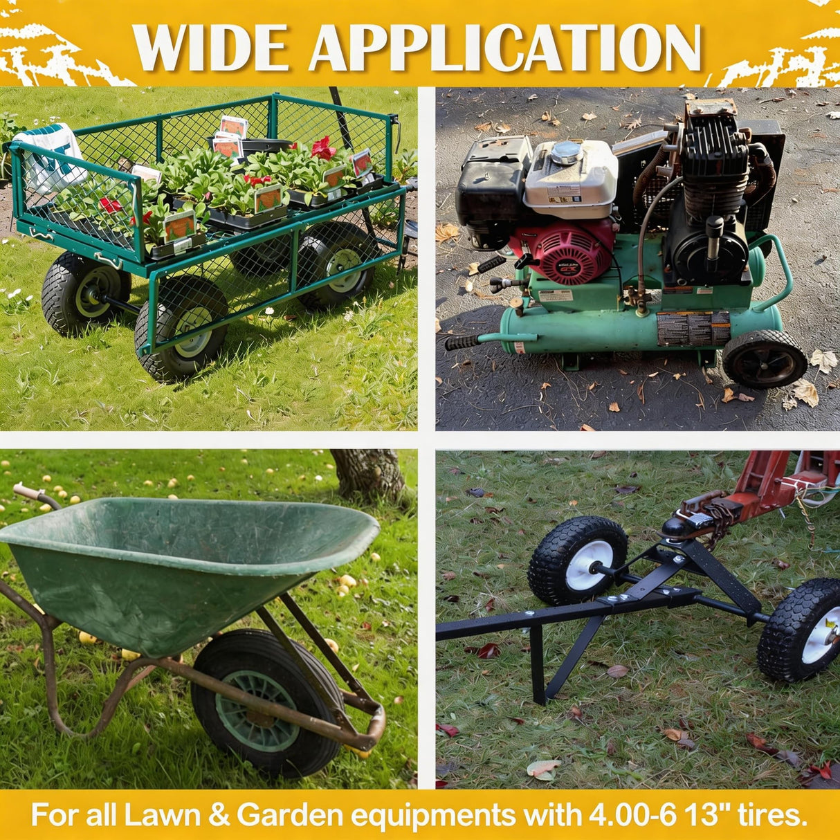 4.80/4.00-8 Wheelbarrow Tire Flat Free, 16'' Tire and Wheel 330LB Load Capacity, with 5/8" & 3/4" Bearings, 3''-4''-6''-7'' Adjustable Hub for Garden Cart, Hand Truck, Trolley, Wagon, 2 Pack
