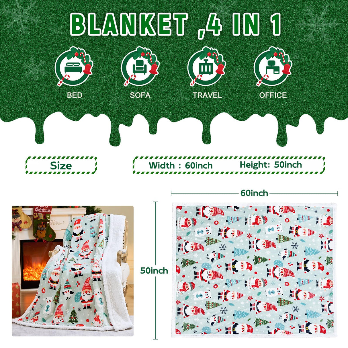 NORD ECO Christmas Throw Blanket, Christmas Decorations Gifts for Women, Sherpa Flannel Fleece Winter Holiday Blanket, Fluffy Cozy Soft Christams Throws for Couch Sofa Bed, Xmas Gnome, 50" X 60"