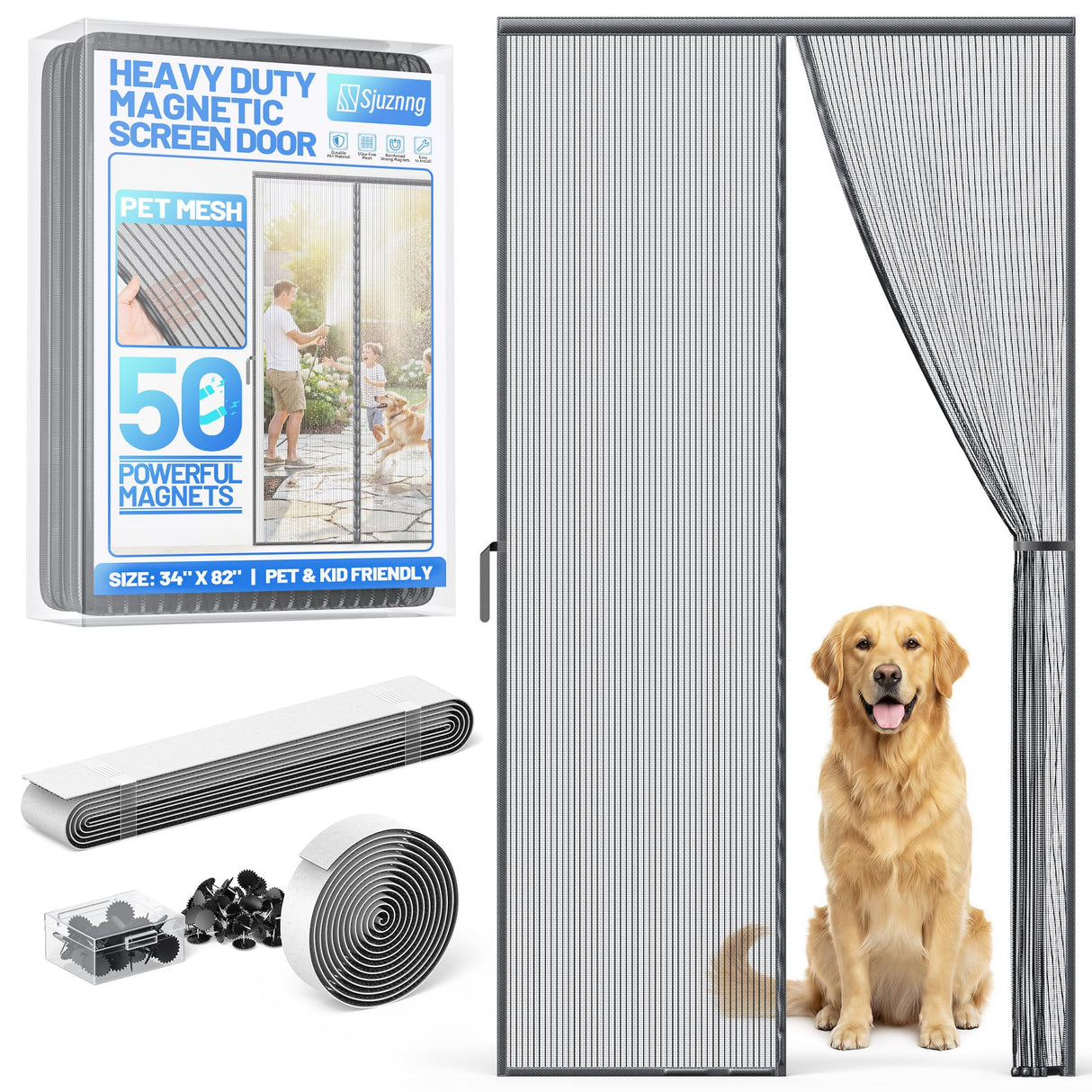 Heavy Duty Magnetic Screen Door Mesh - Auto-Sealing Hand-Free Door Net Screen with 50 Magnets, Pet & Kid Friendly, PET Fine Mesh Doors Screens Keep Bugs & Mosquitos Out Fits Front Doors Size 32” x 80”