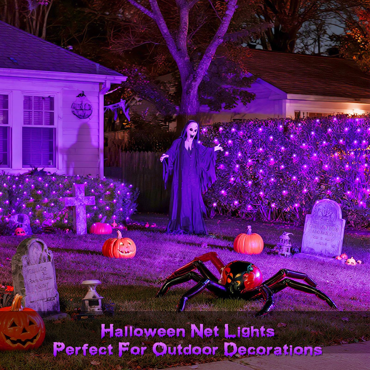 JMEXSUSS 360 LED 12ft x 5ft Halloween Net Lights, Connectable Purple Mesh Lights Outdoor Plug in with Remote, 8 Modes Waterproof Purple Halloween Light for Bushes Halloween Christmas Decorations