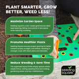 Seeding Square - Patented Seed and Seedling Spacer Tool for Bigger Harvests, Organized Plants & Fewer Weeds – Color-Coded Gardening Template with Dibber, Seed Spoon, Ruler & Planting Guide