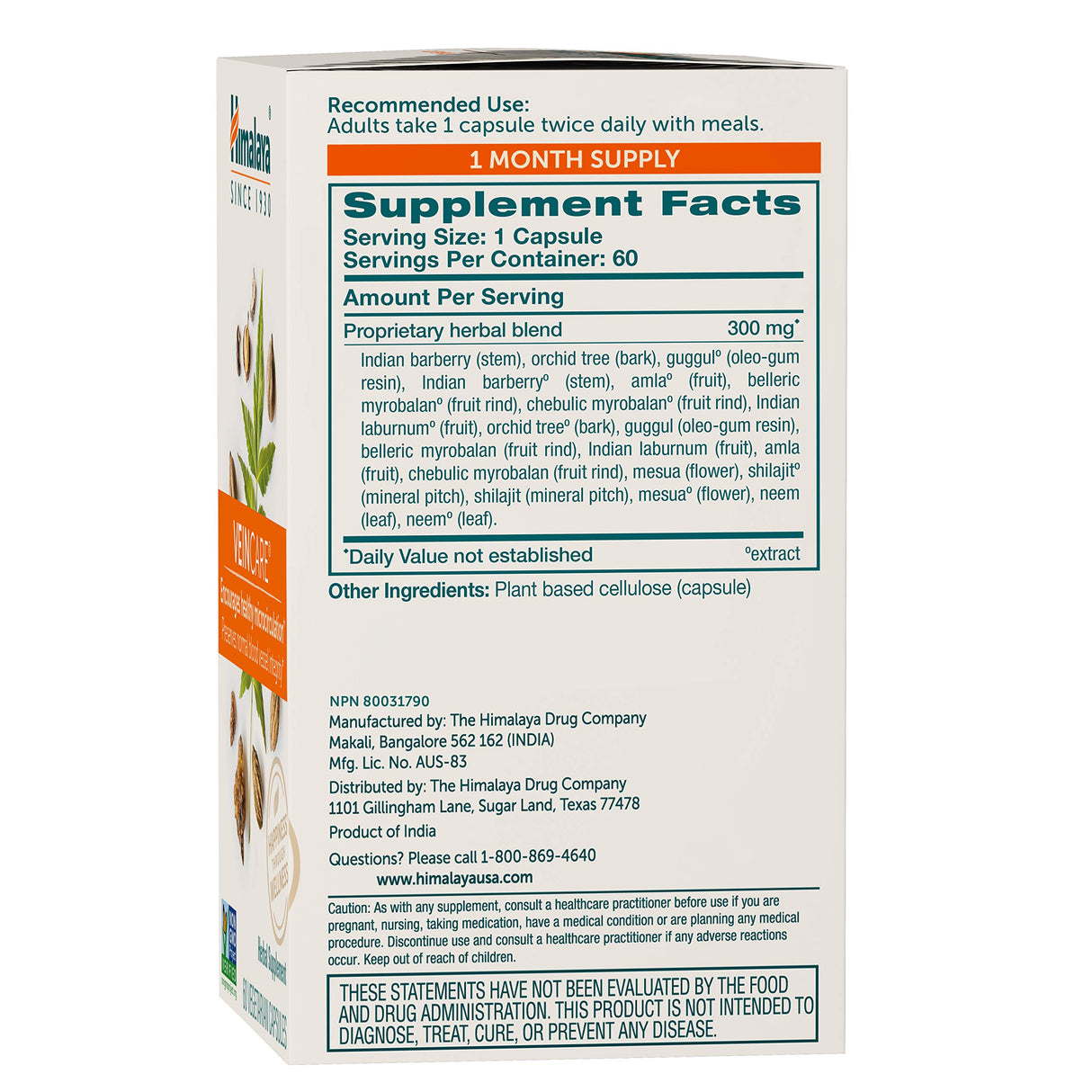 Himalaya VeinCare, 30 Day Supply - Herbal Vein Support Supplements for Circulation and Rectal Comfort - Vegan, Non-GMO, Gluten Free, 300 mg, 60 Capsules