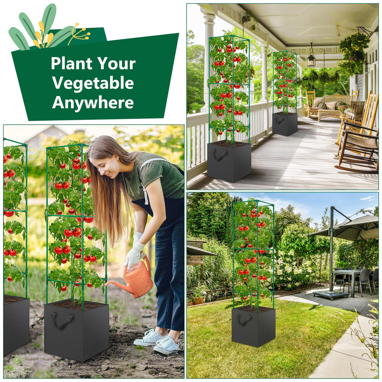 2 Pack Tomato Cages for Garden, 49 Inch Tall Tomato Cage with 7 Gallon Planter Bags, Plant Support Trellis Frames for Garden Cucumber Vegetables Plants Climbing Outdoor Indoor
