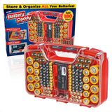 Ontel Battery Daddy Storage & Organizer Case w/Tester, Stores & Protects Up to 180 Batteries, Double-Sided, Clear Locking Lid, Secure Latches & Portable Carrying Handle - Red (Batteries Not Included)