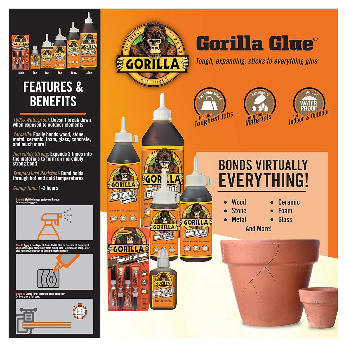 Gorilla Original Gorilla Glue, Waterproof Polyurethane Glue, 36 Ounce Bottle, Brown, (Pack of 1)