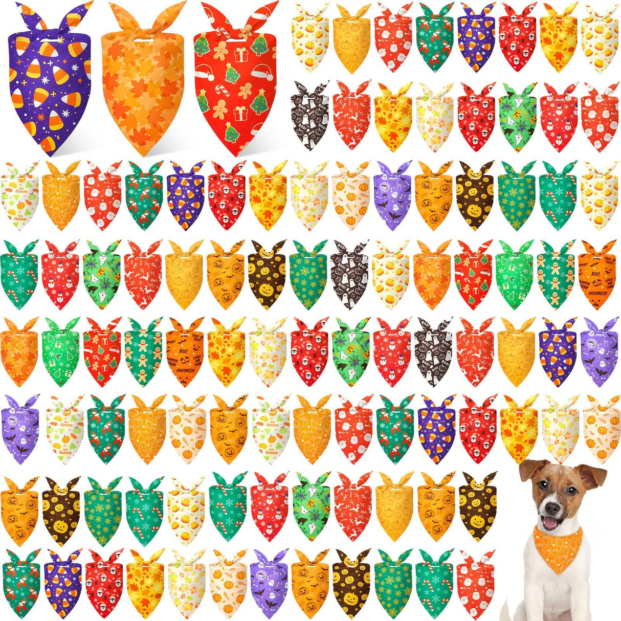 Preboun 100 Pcs Thanksgiving Christmas Dog Bandanas Bulk Holiday Bandanas for Dog Triangle Kerchief Bib Scarf Set for Pet Cat Party Costume Photo Props Accessories Pet Shops Owners Groomers, 25 Styles