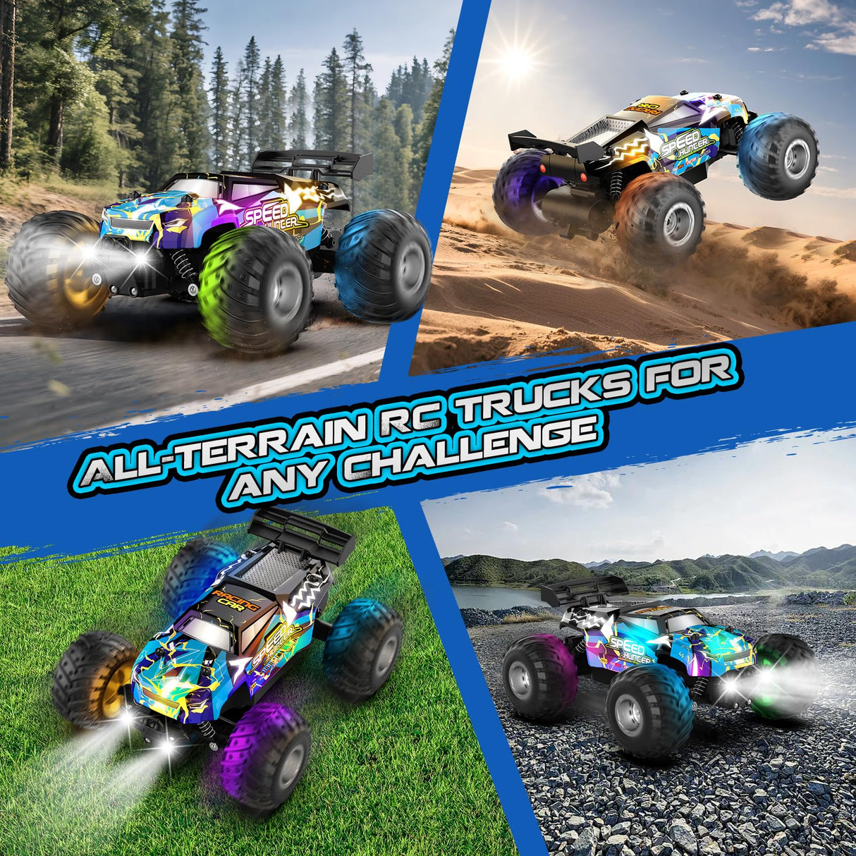 Remote Control Car, 1:18 2WD Off-Road RC Truck 20 KM/H, All-Terrain RC Cars with Headlights, BodyLights, 2.4GH Rechargeable Remote Control Monster Truck, Christmas or Birthday Gift Toys for Boys Girls
