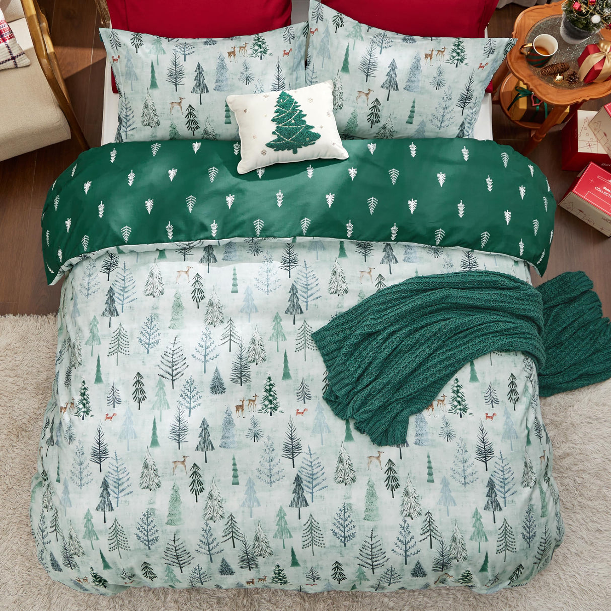 Bedsure King Size Christmas Duvet Cover - Green Forest Holiday Bedding Set, 5-Piece Collection Includes 1 Duvet Cover, 2 Pillow Shams, 1 Throw Blanket, and 1 Decorative Pillow (King, Green Forest)