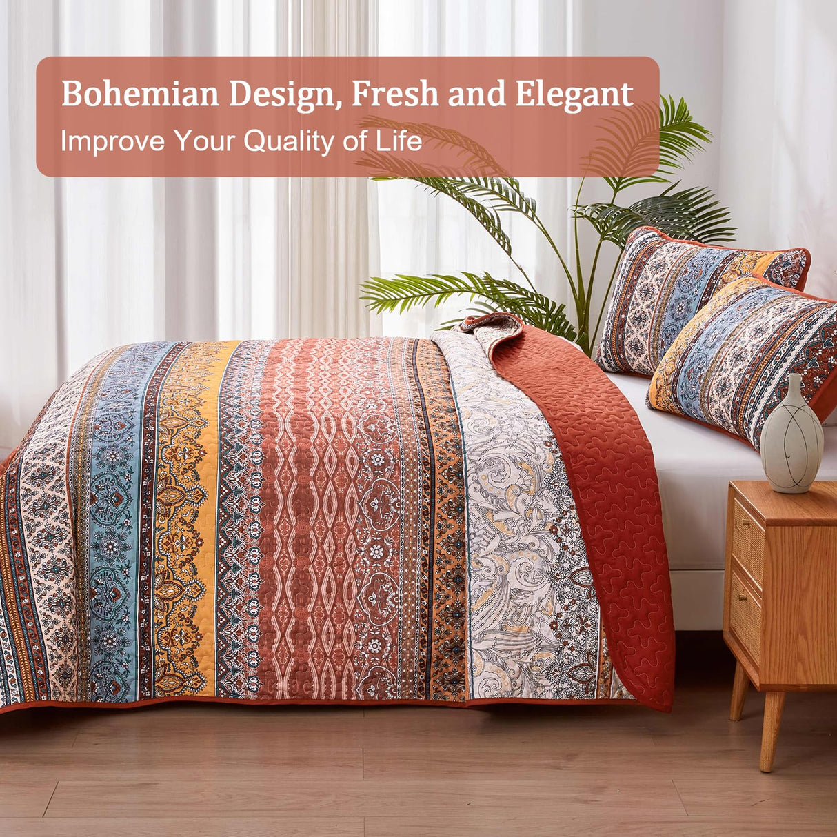 WONGS BEDDING Boho Quilt Set King Size Burnt Orange, 3 Pieces Fall Striped Bedspread Coverlet Set, Christmas Halloween Soft Lightweight Microfiber for All Season(104"×90")